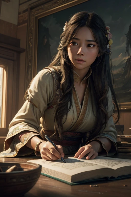 (RAW photo, best quality), (realistic, photo-realistic:1.3),best quality,highly detailed,masterpiece,ultra-detailed,illustration,1girl,upper_body,dynamic angle,world masterpiece theater,messy_long_hair,best quality,extremely detailed CG unity 8k wallpaper,ink,Amazing,cinematic lighting,lens_flare, dunhuang_style