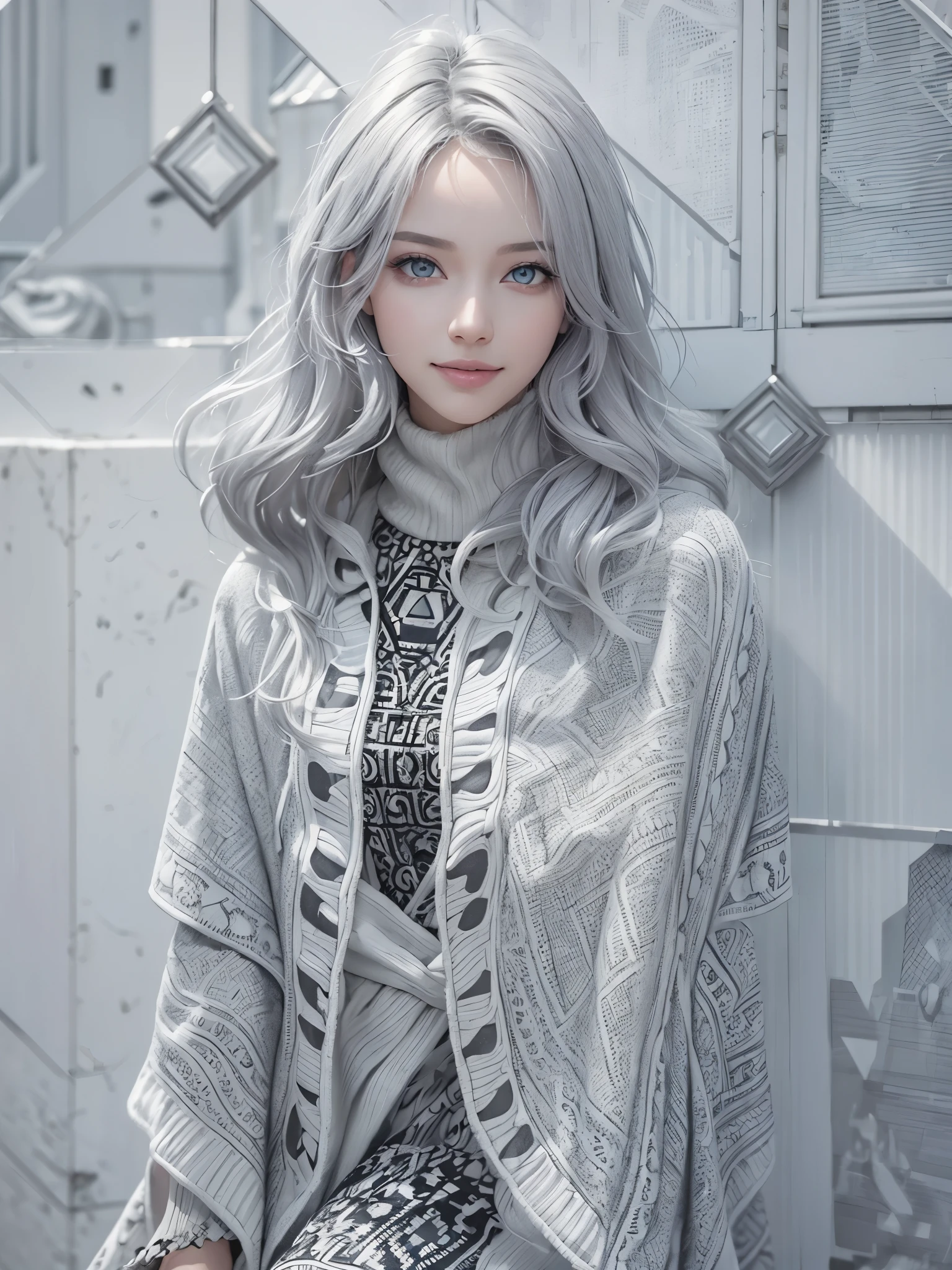 (Realistic:1.8), (Digital art:0.2), (Geometric art:1.7),(agpi official art, beautiful and aesthetic, ultra detailed, beautiful, masterpiece, best quality:1.6), (1girl:1.2), Detailed face, Detailed eyes, Detailed hair, young fingers, Detailed fingers, five fingerREAK cute ig model, Japanese cute model, 22 years old, Tightened all body, small head, small face, small mouth, diamond Face, small nose, Sharp Faceline, (dropy eyes, Double eyelid, Light color eyes, Glossy eyes, Shiny eyes:1.2), Shiny skin, shiny hair, (gray hair:1.2),
_
BREAK (happy, smile, Teeth, Glossy Lip:1.2),beautiful Teeth, (upper body:1.5), sitting, from front,
_
BACKGROUND
(gray urban cityscape with soft lights:1.3)BREAK
POSE
(standing gracefully with arms slightly extended:1.2)BREAK
CAMERA ANGLE
(angled slightly from above, capturing the flowing lines of the poncho:1.2)BREAK
OUTFIT
(fusion of black and white poncho with intricate geometric patterns:1.2), (black skinny jeans:1.1), (ankle boots with subtle pattern details:1.1), (minimalistic silver accessories:1.1)BREAK