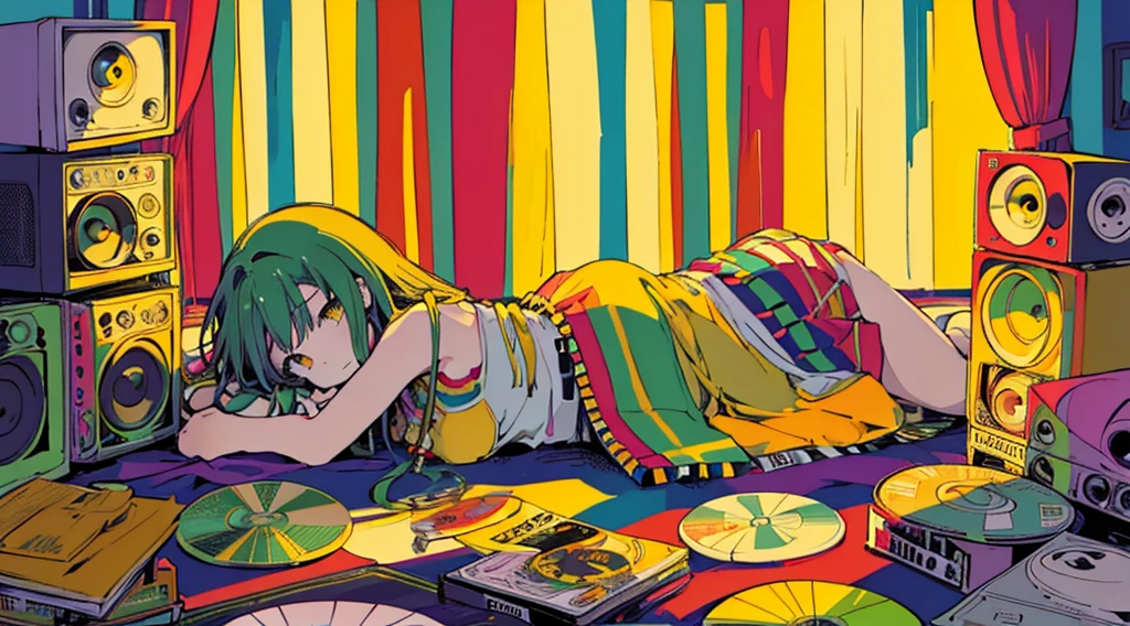 (reggae cassette tapes and records), (room with big speakers, rasta color curtains), (girl lying down), (low contrast, flat color, limited palette)