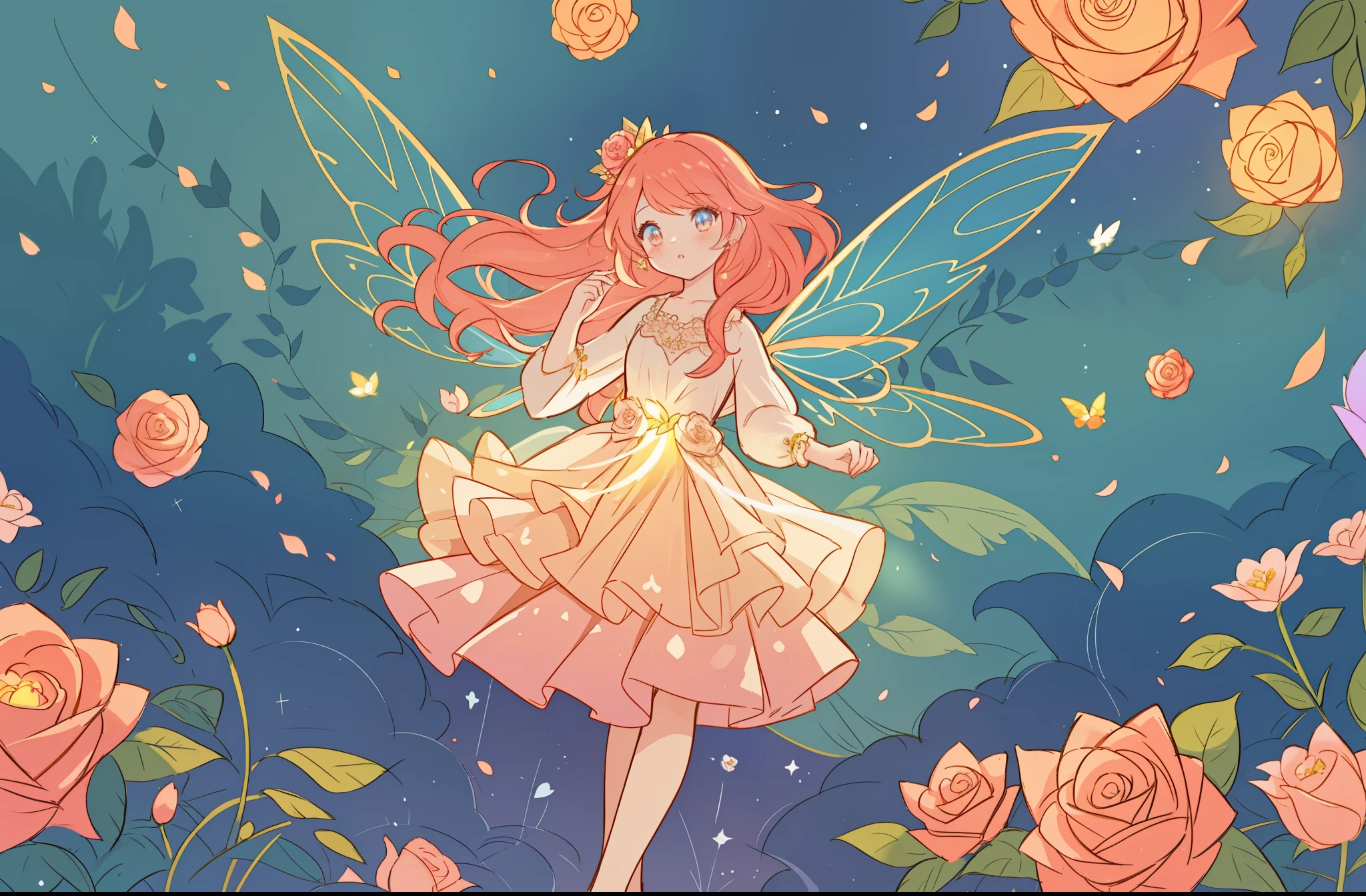 beautiful girl in flowing layered puff long sleeve ballgown, flower fairy, dress that looks like a flower or rose, rose, colorful flowers, inspired by Glen Keane, inspired by Lois van Baarle, disney art style, by Lois van Baarle, glowing aura around her, by Glen Keane, jen bartel, glowing lights! digital painting, flowing glowing hair, glowing flowing hair, beautiful digital illustration, fantasia otherworldly landscape plants flowers, beautiful, masterpiece, best quality, anime disney style, (sharp focus), intricate detail, fine detail, perfection, golden ratio, (fairy wings)