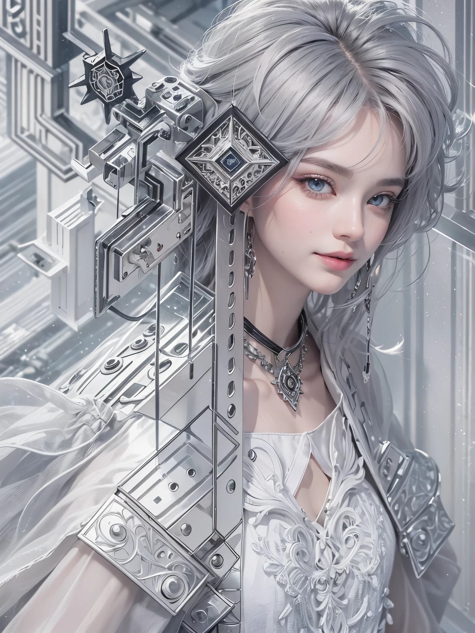 (Realistic:1.8), (Digital art:0.2), (Geometric art:1.7),(agpi official art, beautiful and aesthetic, ultra detailed, beautiful, masterpiece, best quality:1.6), (1girl:1.2), Detailed face, Detailed eyes, Detailed hair, young fingers, Detailed fingers, five fingerREAK cute ig model, Japanese cute model, 22 years old, Tightened all body, small head, small face, small mouth, diamond Face, small nose, Sharp Faceline, (dropy eyes, Double eyelid, Light color eyes, Glossy eyes, Shiny eyes:1.2), Shiny skin, shiny hair, (gray hair:1.2),
_
BREAK (happy, smile, Teeth, Glossy Lip:1.2),beautiful Teeth, (upper body:1.5), sitting, from front,
_
BACKGROUND
(gray urban cityscape with soft lights:1.3)BREAK
POSE
(standing gracefully with arms slightly extended:1.2)BREAK
CAMERA ANGLE
(angled slightly from above, capturing the flowing lines of the poncho:1.2)BREAK
OUTFIT
(fusion of black and white poncho with intricate geometric patterns:1.2), (black skinny jeans:1.1), (ankle boots with subtle pattern details:1.1), (minimalistic silver accessories:1.1)BREAK
