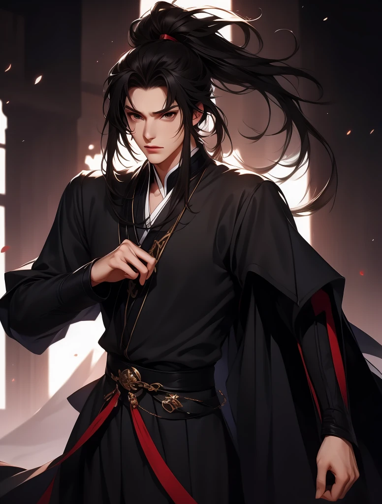solo person,Anime boy with black hair and black clothes,male people,Song dynasty,longer sleeves,Sharp black eyes,high ponytails, style anime, handsome anime pose, male people动漫人物, 8K!