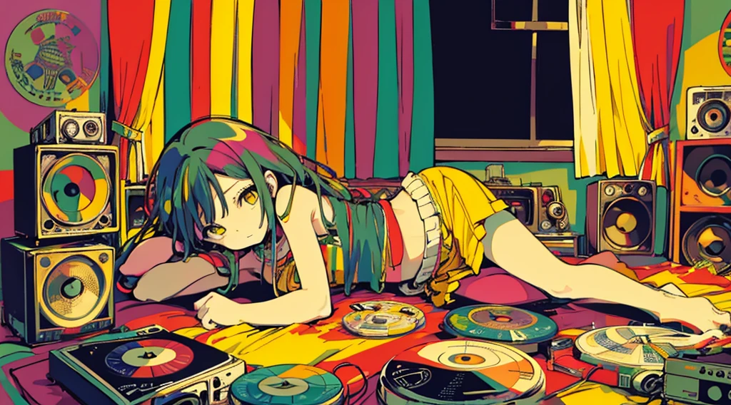 (reggae cassette tapes and records), (room with big speakers, rasta color curtains), (girl lying down), (low contrast, flat color, limited palette)