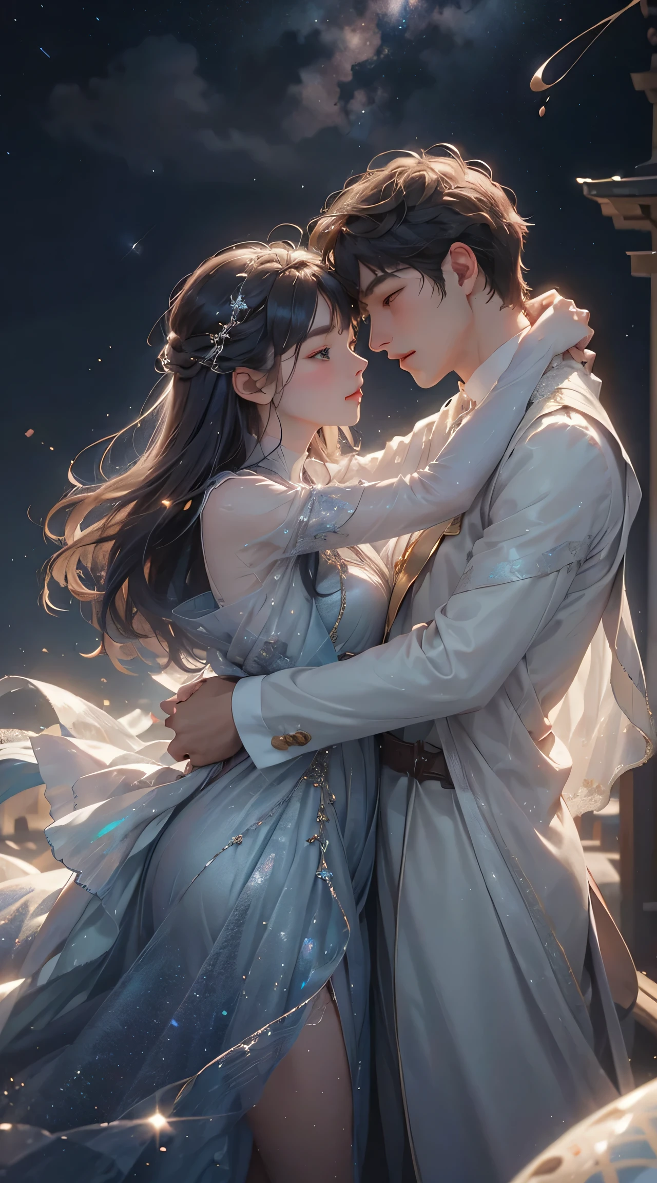 A man and a woman stand together, Under the dazzling starry sky. (Best quality, A high resolution, ultra - detailed), (actual, photoactual), sporty attire, Romantic, vibrant with colors, Long exposure photography, beautidful eyes, gentle expressions, starry sky atmosphere, kosmos, peaceful tranquility, Gentle hugs, infinite love, great scenery, Milky Way across the night sky, The stars sparkle like diamonds, The air is full of magic, The soft moonlight casts a dreamy glow, Intimate moments frozen in time, kosmos为他们的见证.