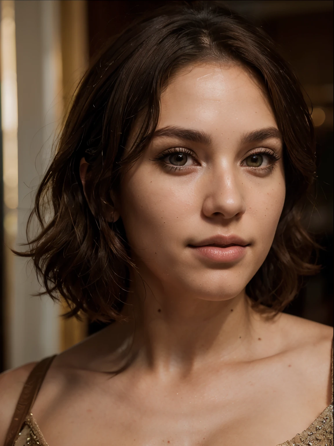 Breathtaking cinematic photo of a 30 year old girl with brown hair and brown eyes, happy, cheerful expression, closed mouth, beautiful lips, intricate details, shallow depth of field, highly detailed, high budget, epic Hollywood film, gorgeous, masterpiece, award-winning, professional, highly detailed, detailed skin texture, (blush: 0.5), (goosebumps: 0.5). (the most beautiful woman in the world) (brown hair) (short curly hair, wild hair, stylish cut) thin face, thin nose, beautiful, very beautiful, perfect face, slender body (slender), (brown hair) (brown eyes ) (white skin) Beautiful body, western face, predatory eyes, pink lips, thick thighs. full body, western beauty, thin nose, beautiful, perfect, ((best quality)), ((ultra resolution)), ((photorealistic: 1.4)), (intricate details), perfect face, makeup: 1.5 , clear face, facial details. front view ((uniform, tactical costume, agent costume, spy))
