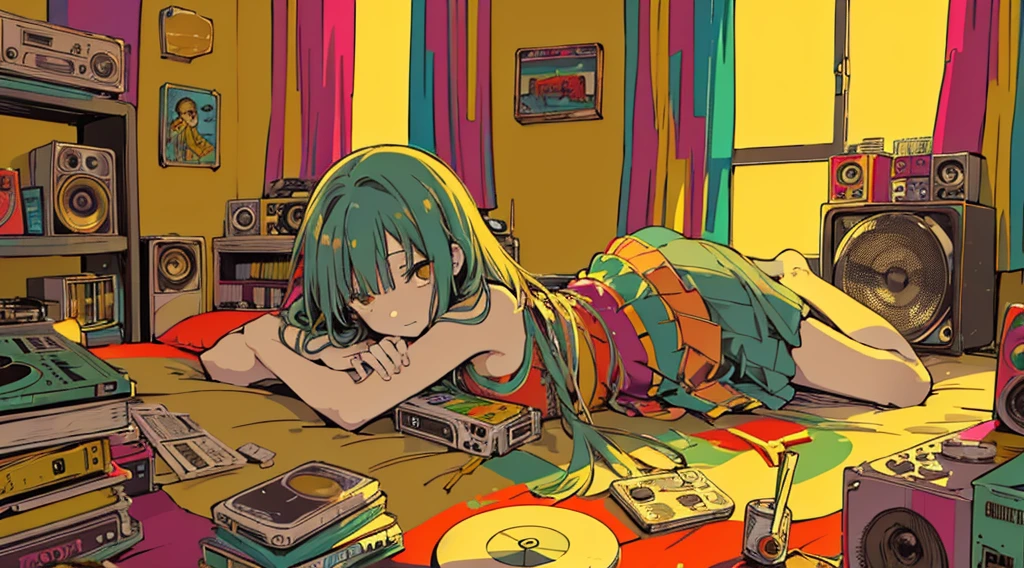 (reggae cassette tapes and records), (room with big speakers, rasta color curtains), (girl lying down), (low contrast, flat color, limited palette)