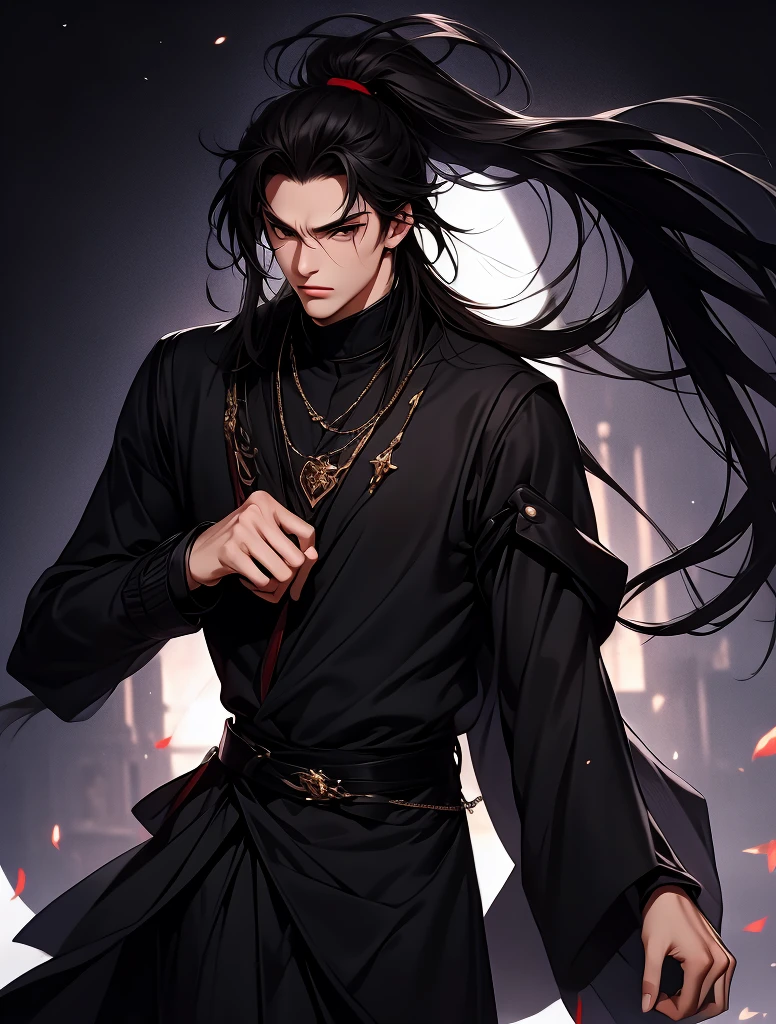 solo person,Anime boy with black hair and black clothes,male people,Long gray hair,Sharp black eyes,high ponytails, style anime, handsome anime pose, male people动漫人物, 8K!