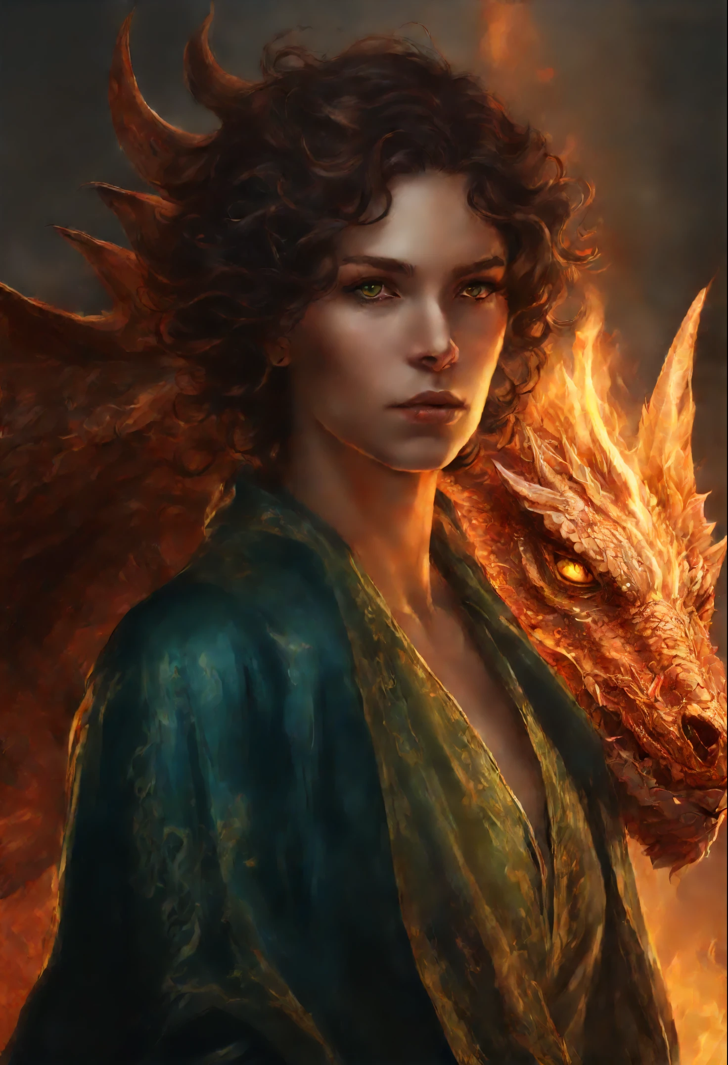 close-up of a green-eyed woman with brown curls and green eyes wearing a blue nightgown, standing face to face with a copper gray huge majestic dragon and a scorching fire demon , epic fantasy art style, dark fantasy style art, portrait of fin wildcloak, detailed fanart, fantasy portrait, artistic portrait in epic fantasy style, graphic artist magali villeneuve, male portrait in fantasy style, The Man with the Soul of a Dragon, epic fantasy style art, epic fantasy digital art style