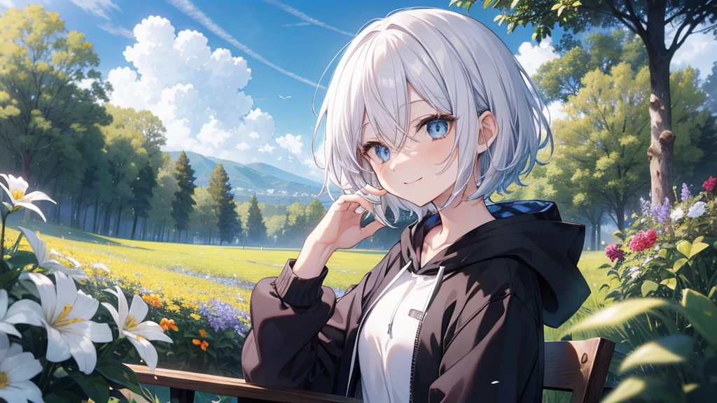 (masutepiece: 1.2, Best Quality), 1 Lady, Solo, silber hair,Shoulder out,Very short hair, long bangs between eyes, blue eyess,Black eyes, Hoodie,White hair, Silver hair, Hoodie, White hoodie、blue-sky、in woods、izumi、flower field、sit a chair、a smile、open open mouth、5 fingers