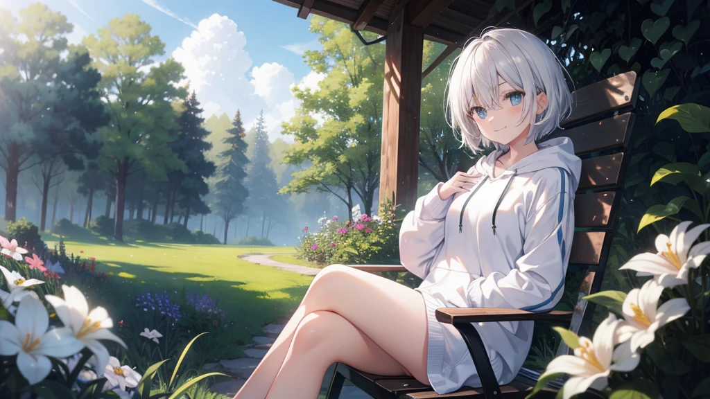 (masutepiece: 1.2, Best Quality), 1 Lady, Solo, silber hair,Shoulder out,Very short hair, long bangs between eyes, blue eyess,Black eyes, Hoodie,White hair, Silver hair, Hoodie, White hoodie、blue-sky、in woods、izumi、flower field、sit a chair、a smile、open open mouth、5 fingers
