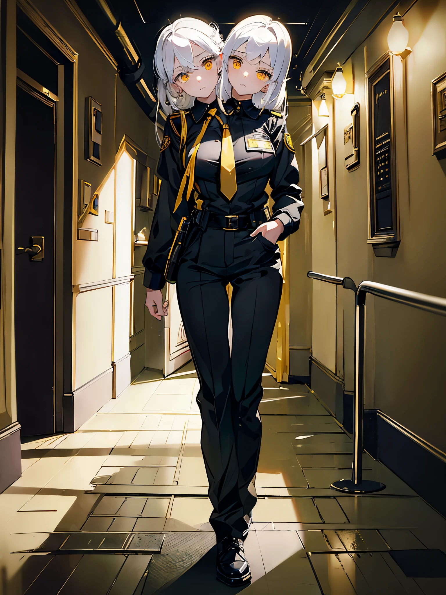 (masterpiece, best quality), best resolution, (2heads:1.5), 1girl, security guard, white hair, yellow eyes, bored, officer's uniform, long pants, holding a flashlight, dark pizzeria hallway, dark environment, spooky atmosphere