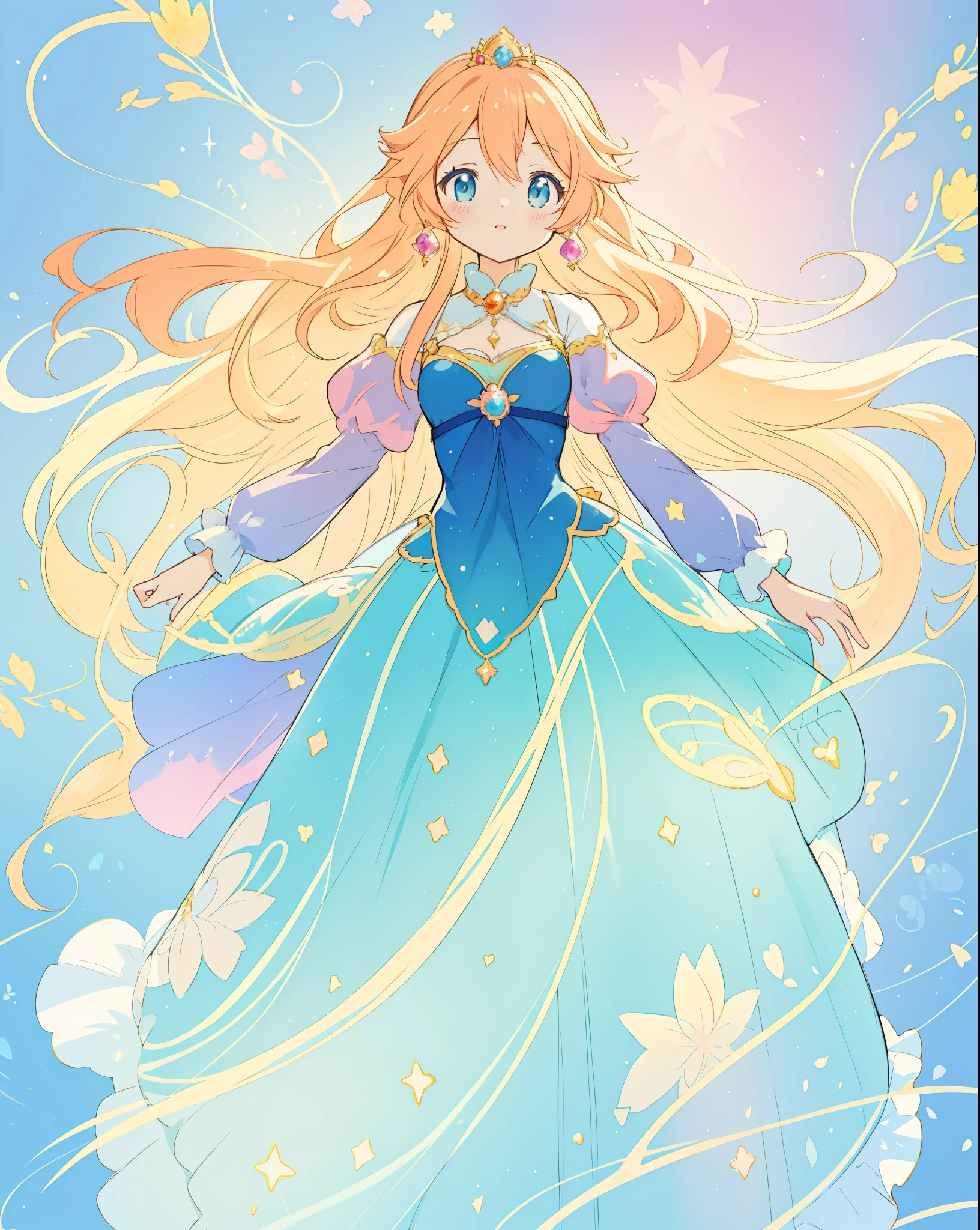 beautiful anime girl in gradient blue princess ballgown with puffy long sleeves, long flowing gold peach hair, liquid theme, vibrant pastel colors, colorful fantasia background, watercolor illustration, disney art style, beautiful digital illustration, beautiful, masterpiece, best quality, anime disney style, beautiful face