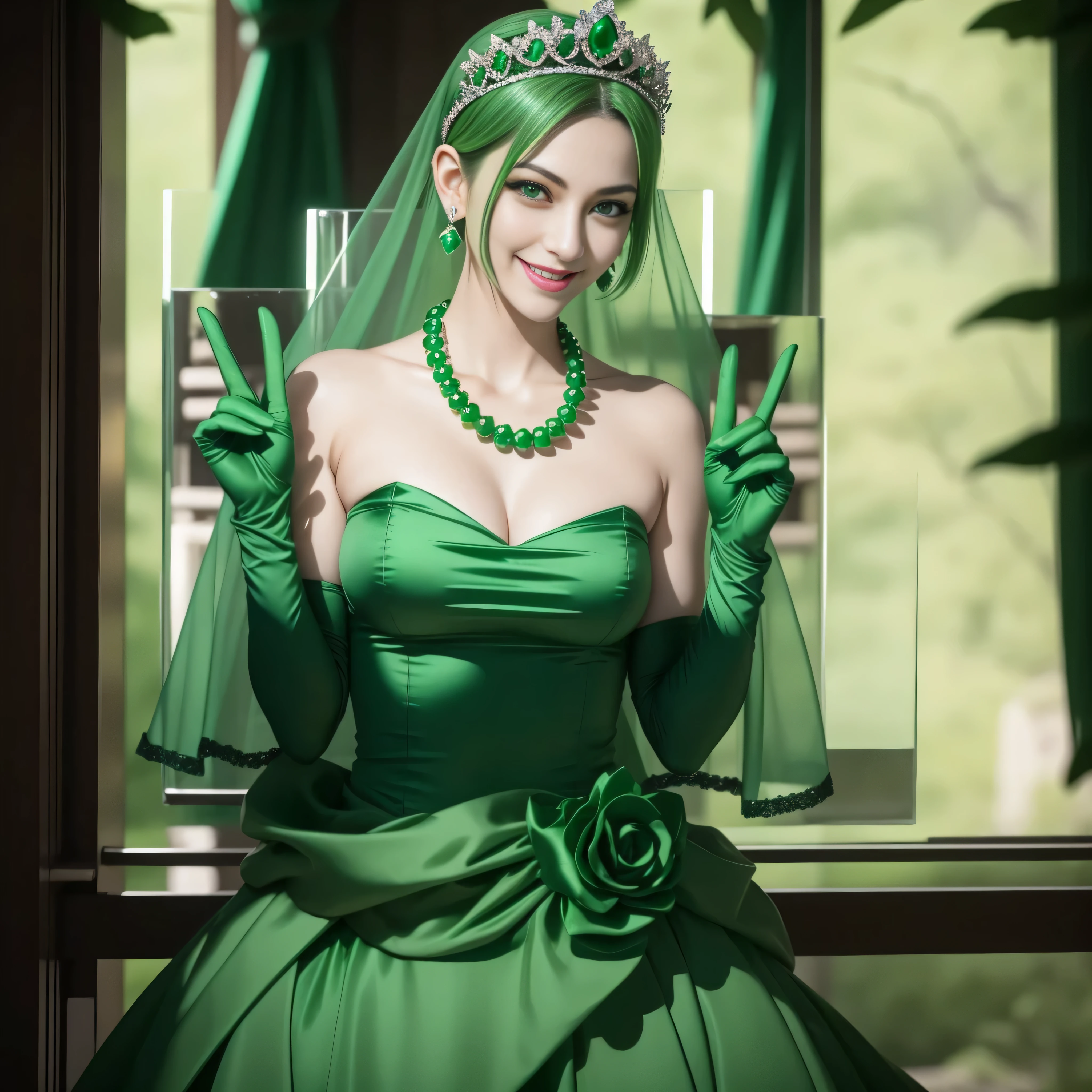 emerald tiara, Green Pearl Necklace, Boyish very short green hair, lipsticks, Japan woman smiling, very short short hair, big breasts beautiful, Green eyes, Long green gloves made of satin material, Green eyes, Emerald Earrings, green vale, v sign