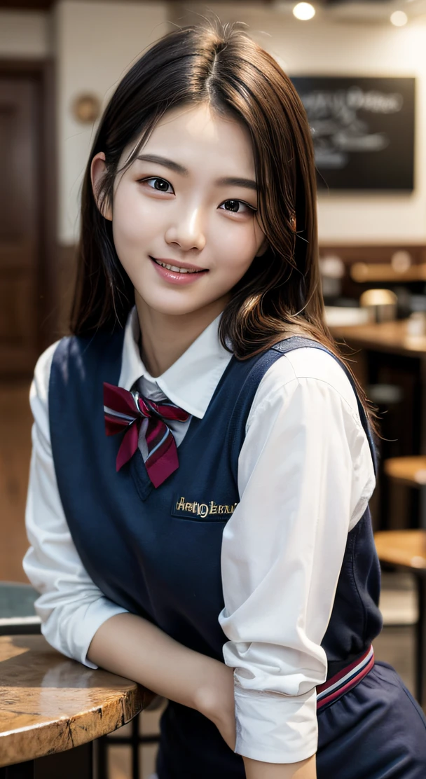 8K, top quality, masterpiece, realistic, super detailed, photo realistic, hyper-realistic, smooth lighting, improve movie lighting quality, realistic lighting, backlight, bright light, improve quality, best quality real texture skin, close-up, slender, cute face, smile, beautiful detail eyes, 19 year old Korean, cute uniform in a café, double and very dense eyes, shiny skin, sagging eyes, Shy, staring at the viewer, standing with your face facing forward, images of only the upper body
