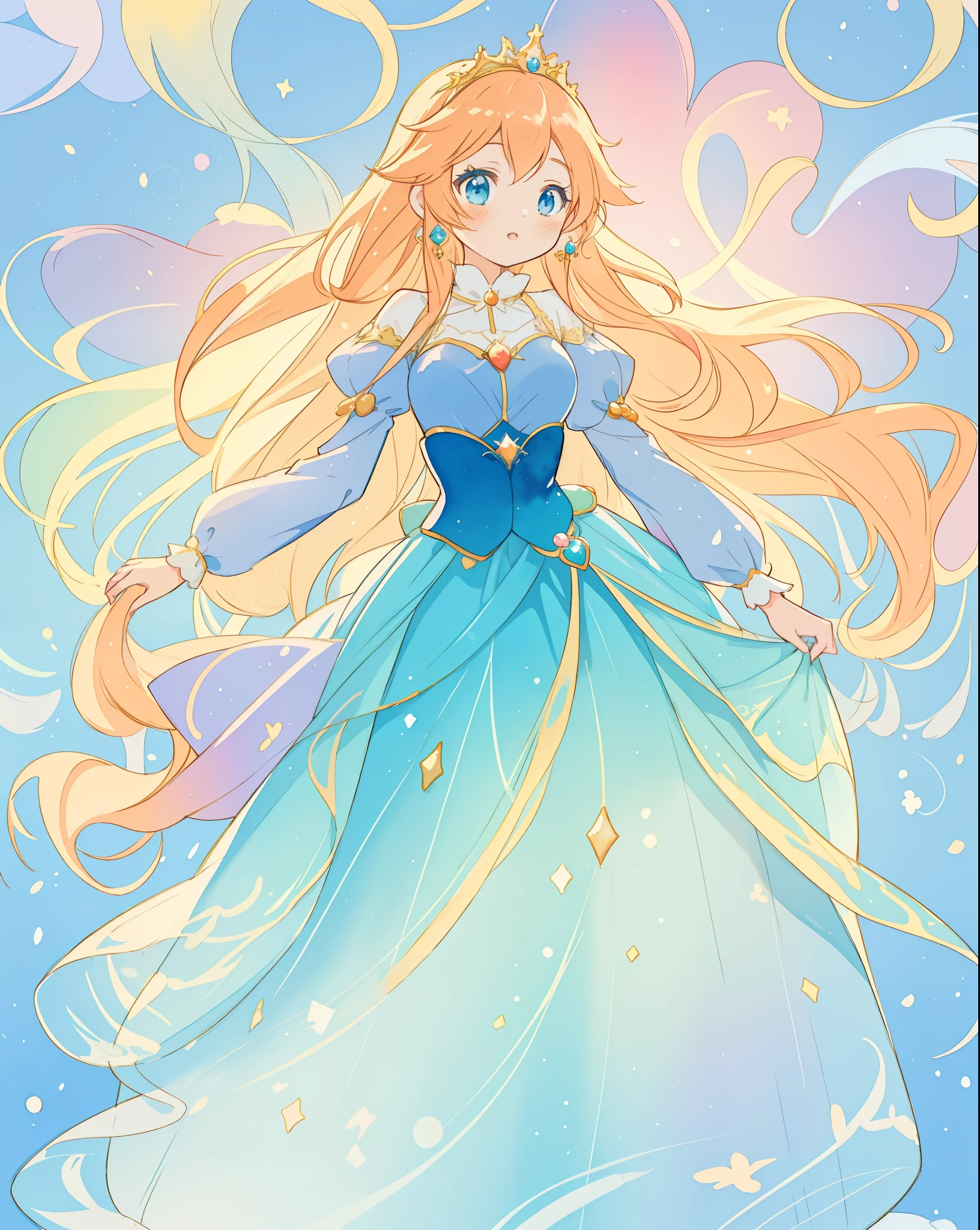 beautiful anime girl in gradient blue princess ballgown with puffy long sleeves, long flowing gold peach hair, liquid theme, vibrant pastel colors, colorful fantasia background, watercolor illustration, disney art style, beautiful digital illustration, beautiful, masterpiece, best quality, anime disney style, beautiful face