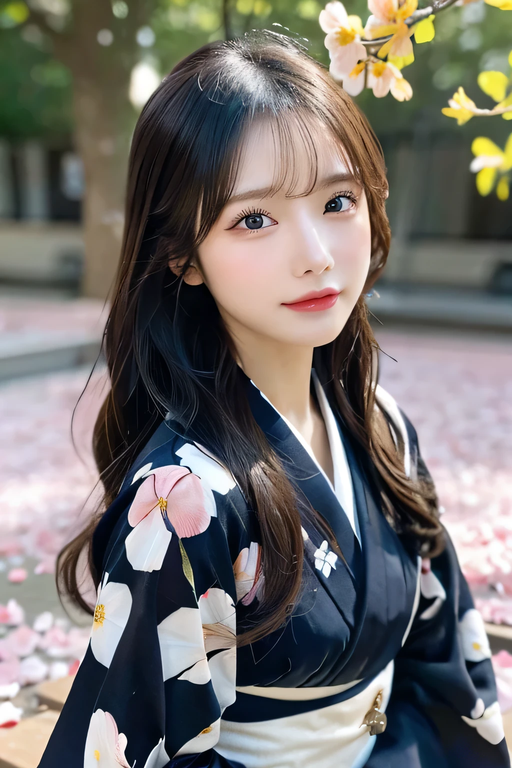 (Kimono)、、(flower petals:1.5)、(Hair swaying in the wind:1.3)、(Superior Quality,masterpiece:1.3,超A high resolution,),(ultra-detailliert,caustic realist:1.4,RAW shooting,)Ultra-realistic capture,ighly detailed,High resolution 16K suitable for human skin、 Skin texture is natural、、Skin tone looks even and healthy、 Use natural light and color,femele,japanse,,kawaii,A dark-haired,Midhair,(depth of fields、chromatic abberation、、Wide range of lighting、Natural Shading、)、(flower petalsが光を反射する:1.3) blue eyess