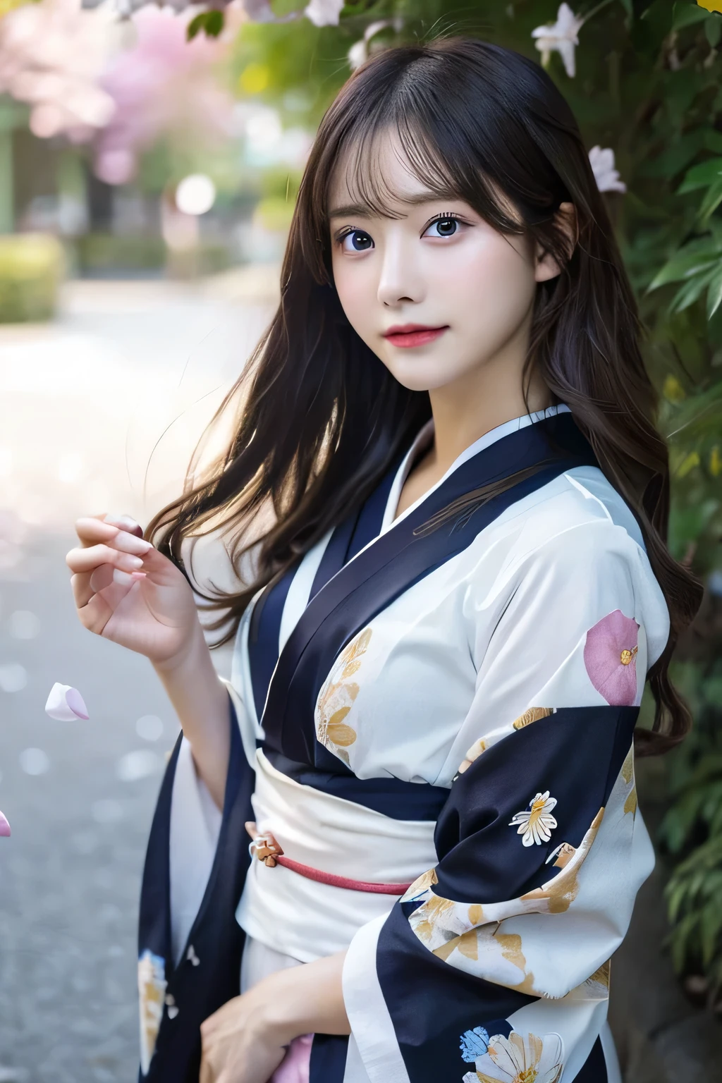 (Kimono)、、(flower petals:1.5)、(Hair swaying in the wind:1.3)、(Superior Quality,masterpiece:1.3,超A high resolution,),(ultra-detailliert,caustic realist:1.4,RAW shooting,)Ultra-realistic capture,ighly detailed,High resolution 16K suitable for human skin、 Skin texture is natural、、Skin tone looks even and healthy、 Use natural light and color,femele,japanse,,kawaii,A dark-haired,Midhair,(depth of fields、chromatic abberation、、Wide range of lighting、Natural Shading、)、(flower petalsが光を反射する:1.3) blue eyess