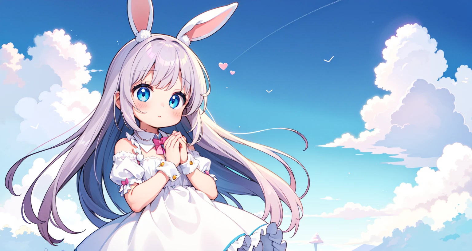 1girl in, bunny rabbit、cute little, 詳細なcute little目, blush、white dres、bunny rabbit、Pure white、The background is a snowy landscape、snow glitter、Fluffy clouds float、bunny rabbit、A delightful((Heart with both hands)).