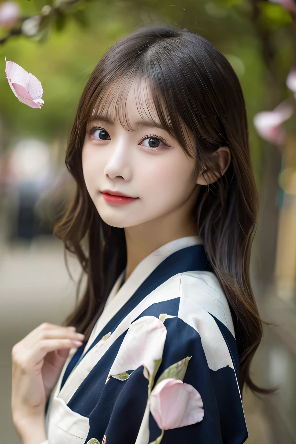 (Kimono)、、(flower petals:1.5)、(Hair swaying in the wind:1.3)、(Superior Quality,masterpiece:1.3,超A high resolution,),(ultra-detailliert,caustic realist:1.4,RAW shooting,)Ultra-realistic capture,ighly detailed,High resolution 16K suitable for human skin、 Skin texture is natural、、Skin tone looks even and healthy、 Use natural light and color,femele,japanse,,kawaii,A dark-haired,Midhair,(depth of fields、chromatic abberation、、Wide range of lighting、Natural Shading、)、(flower petalsが光を反射する:1.3) blue eyess