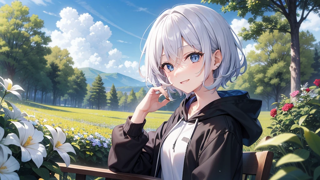 (masutepiece: 1.2, Best Quality), 1 Lady, Solo, silber hair,Shoulder out,Very short hair, long bangs between eyes, blue eyess,Black eyes, Hoodie,White hair, Silver hair, Hoodie, White hoodie、blue-sky、in woods、izumi、flower field、sit a chair、A smile、open open mouth、5 fingers