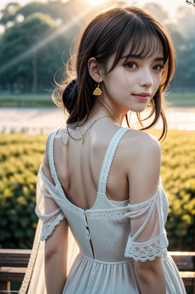 (Photoreal Stick:1.5, masutepiece:1.5, RAW shooting, 8K), (top-quality, masterpiece, 超A high resolution), early morning, sunrises, (Shoot with blur:1.7), (fog the lens:1.6), (reflect light onto the lens:1.7), ((Sunlight coming in from behind:1.7, The sunlight of the morning sun spreads across the screen:1.7)), ((The morning sun shines in front of the woman:1.8)), ((The entire screen appears white and hazy due to the morning sunlight.:1.8)), ((The woman looks dim in the morning sunlight:1.9)), Face Sharp Focus:1.3, Professional camera work:1.3, Highly detailed skin and facial texture:1.3, Grow Light Effect, The ultra-detailliert:1.3, 1girl in, Fair skin, (Sense of clarity:1.4, a small face), Extremely beautiful face:1.5, (Sense of clarityを感じる目:0.9, looking distantly), A smile:1.0, i love you completely:0.8, (Slightly open mouth:0.4, Sense of clarityを感じる口当たり:0.7), 二重まぶた, Dark brown medium hair, necklace and earrings