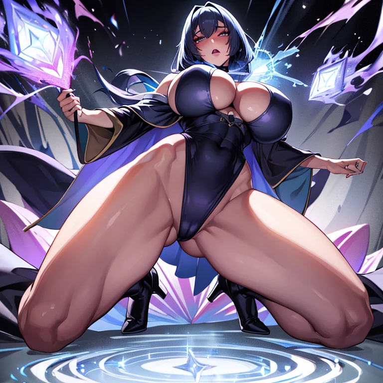 great quality, (1 woman), very focused face, diamond face, perfect eyes, (wearing mage robe), mage robe, magic,  strong shadows, full body, detailed face, (casting spell), blue flashes of light, blue sparks, in battle, detailed abs, shinying eyes, (masterpiece), direct light, underlight, strong jaw, (large boobs), massive ass, thick thighs, (long torso), wide waist, skinny torso, fit, perfect face, sexy, (blushing),