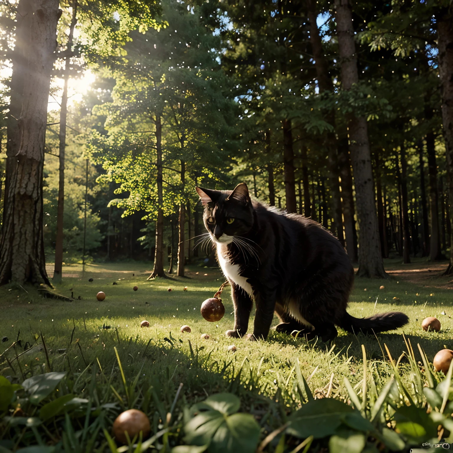 a pic of a cat in a forest eating chesseballs Animated illustration
