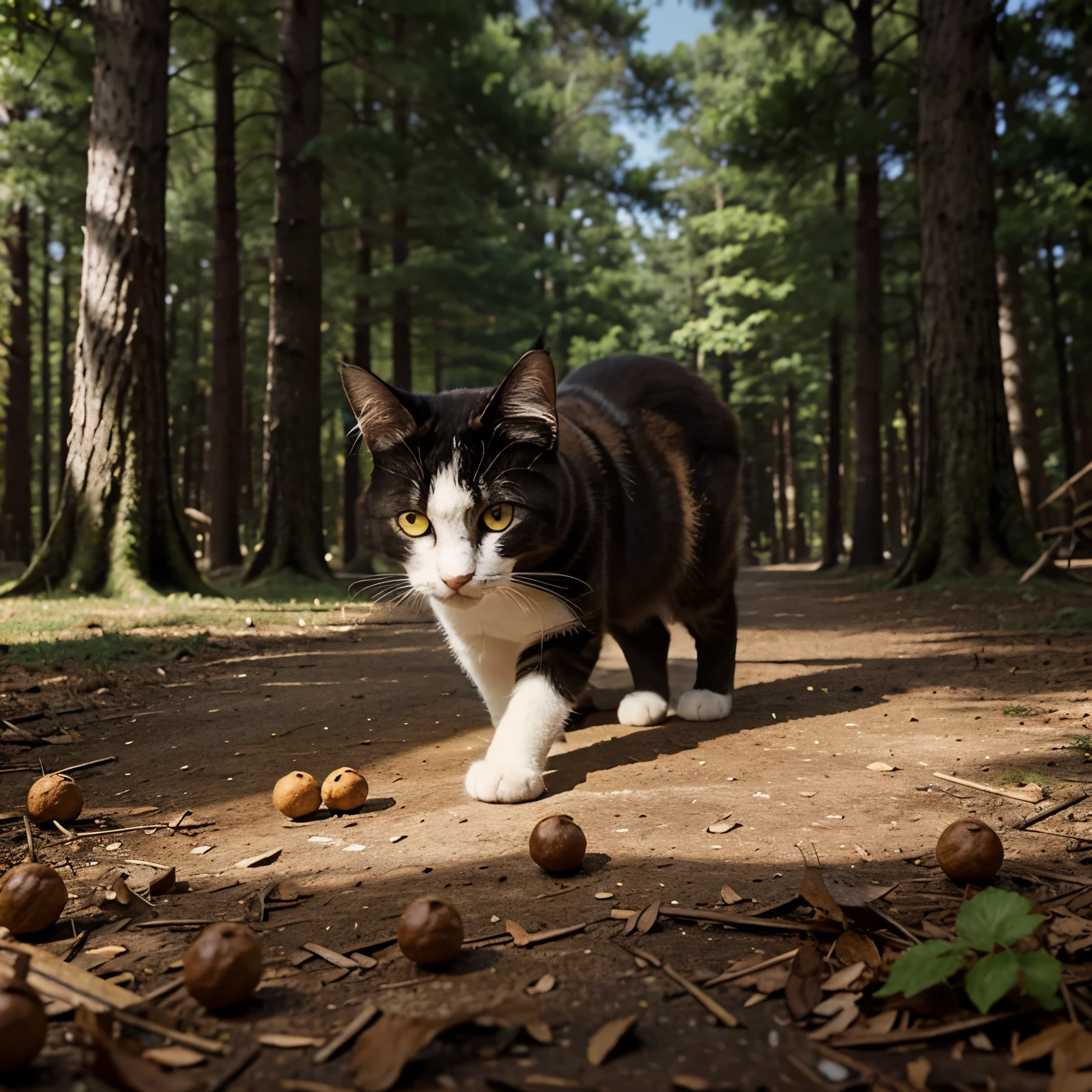 a pic of a cat in a forest eating chesseballs Animated illustration