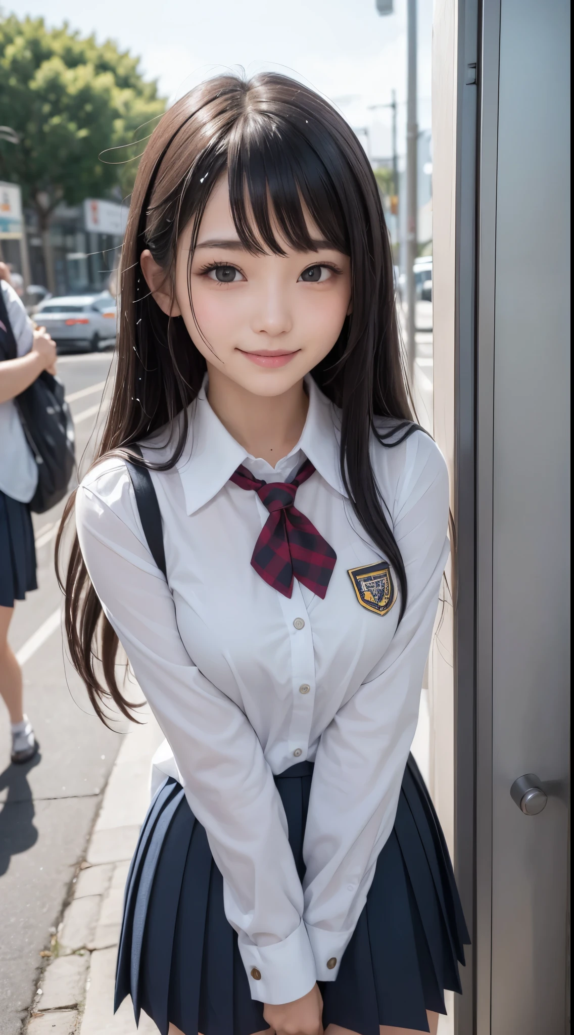 ((top-quality、masutepiece、hight resolution))、(Zoom photo from the front:1.95、Pose inviting a man、Inside public toilets、semi long hair、Groomed bangs、A dark-haired、Semen:1.85、a wet body:1.85、Wet crotch:1.85、Cute smile:1.45)、hi-school girl、kawaii faces、(((high-school uniform)))