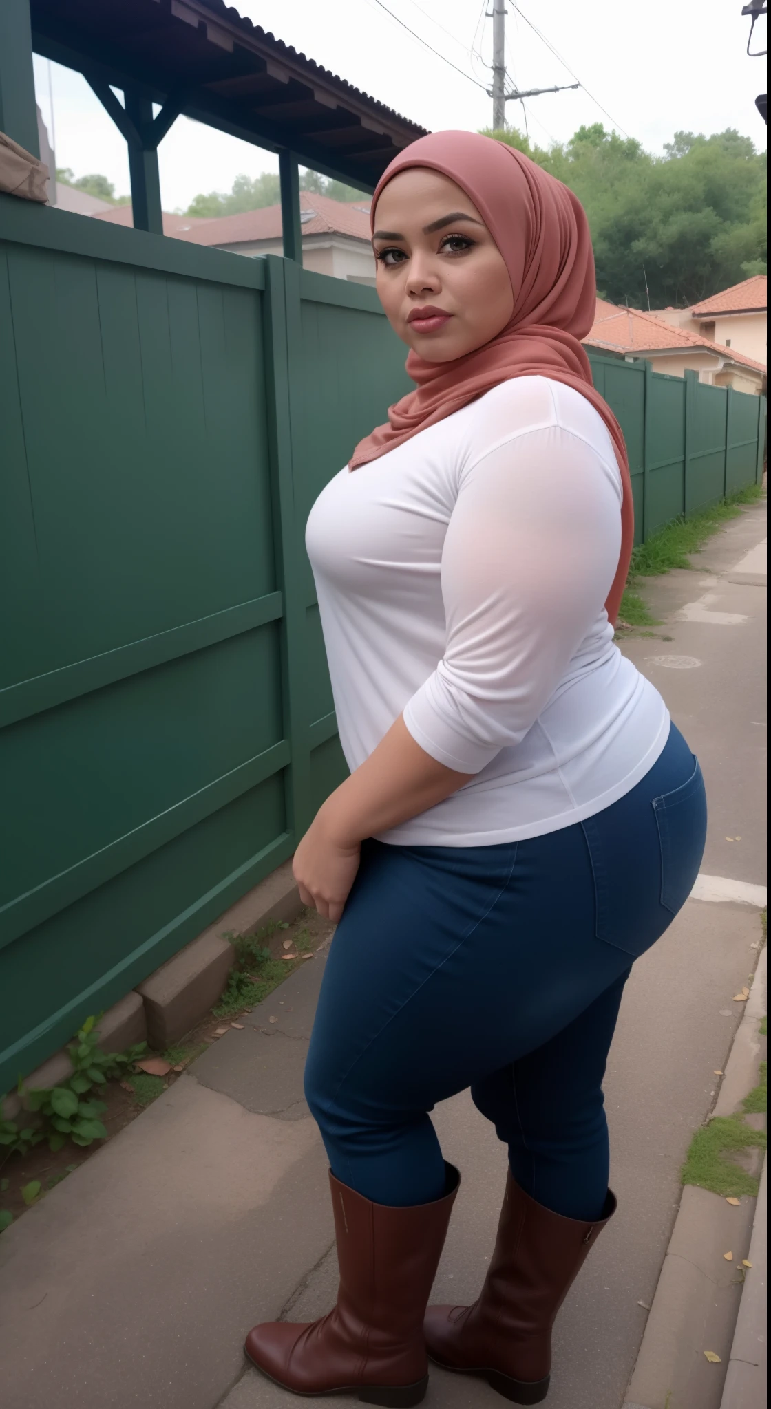 masterpiece, detailed and realistic, 8K, Indonesian hijab woman posing on a city street, thick body, giant breasts, slim stomach, very wide hips, body like a Spanish guitar, thick thighs, long legs, curvaceous body, stunning giant goddess shot, strong and big, big booty, booty, hyperrealistic full figure, wide hips