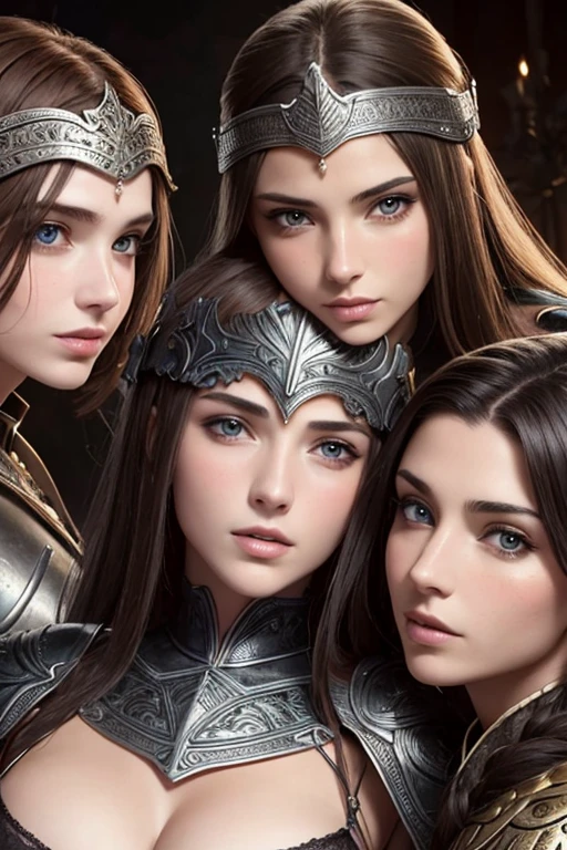 three sisters of different ages, french womens,detailed face perfect face, detailed face, sexy, lesbians, warriors roman, using sexy armor with cape full body
