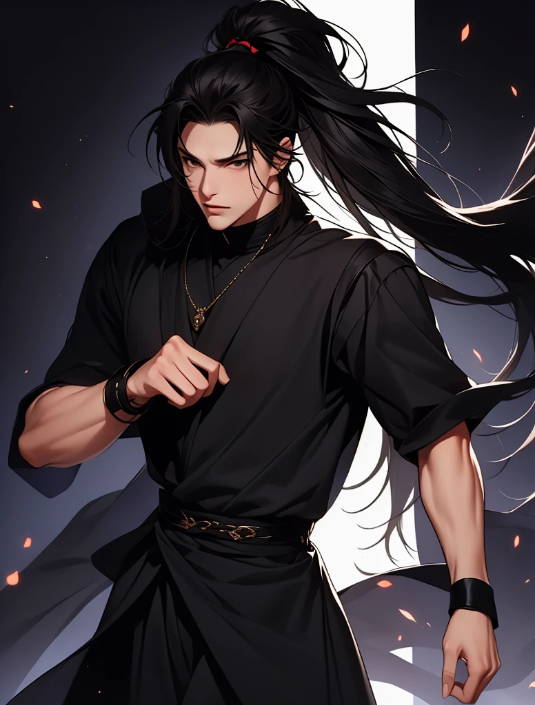 (masterpiece, best quality:1.2), 1male, solo, wen ning, mo dao zu shi, mdzs, black clothes, black eyes, long black hair, wrist cuff, chains, perfect anatomy