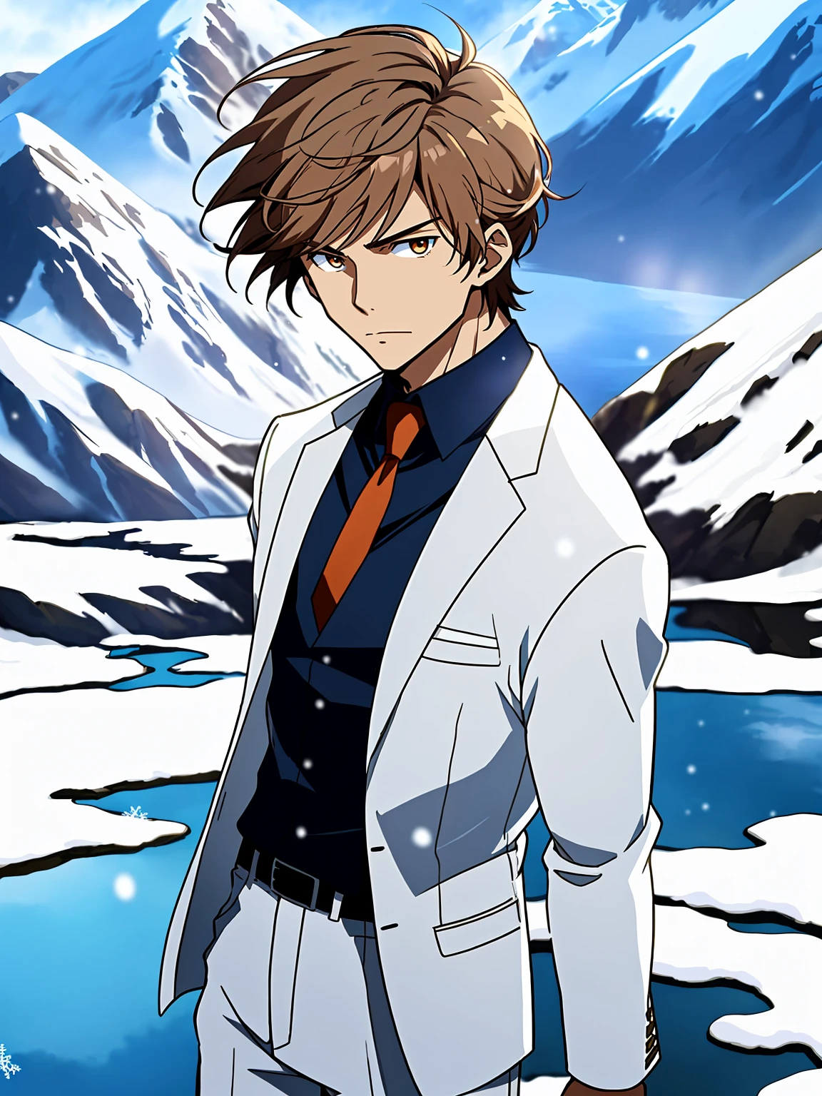 with short brown hair，with brown eye，Anime man wearing white suit，Wear a blue tie，snow mountainy lake