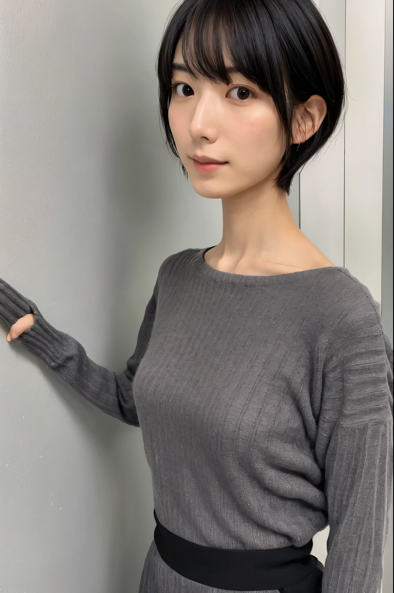 A Japanese woman, 24 years old, slender figure, small breasts, very thin waist, Beautiful face, beautidful eyes, black short hair, wearing a tight and short gray knit dress with a back-open design, stand facing to an office wall, gently looking at you, 1girl in, Solo, Detailed face and eyes, detailed fingers and arms. Full body photo. Realistic, Photorealistic.