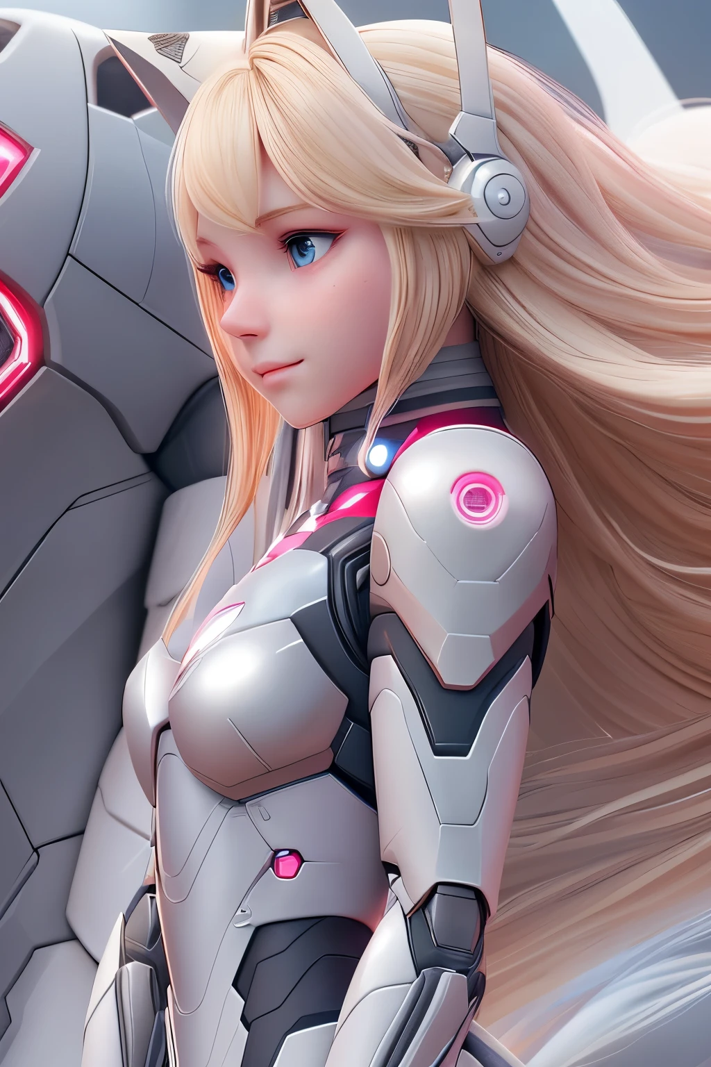 close up 1girl in, ager, Solo, Aesthetic artwork, blond, straight blonde hair, super long blonde hair, light blue eyes, some small freckles, pale skin, small breasts, runners body, (thin hips, thin waist: 1.25), detailed skin, neutral face, shy smile, ((She(Side View), full body shot, she is wearing a futuristic Iron Man suit, black and pink color scheme, highly detailed)), (white fox ear:1.25), (detailed city roof background:1.1), rooftop, overlooking city, 24mm, 4k textures, soft cinematic light, RAW intricate, elegant, highly detailed, sharp focus, ((((cinematic look)))), soothing tones, insane details, intricate details, hyperdetailed, low contrast, soft cinematic light, dim colors, exposure blend, hdr, faded