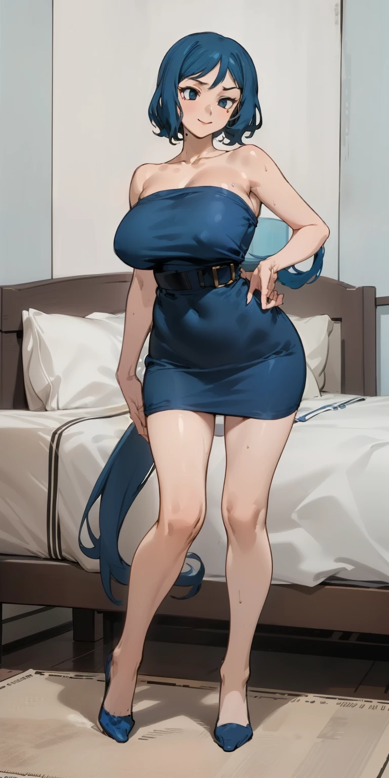 (Masterpiece),Best Quality, ultra-detailed, perfect hands,perfect legs, Delicate eye expression, 1girl (rinko_iori, Sexy, A voluptuous and sexy body, huge breasts, naked body, dark blue hair, long hair, blue eyes (empty eye)),closed mouth(wicked smile), solo, nude,full body, ultra shorttubedress, , Late at night, in a bedroom, standing, Sexy waist teasing ,