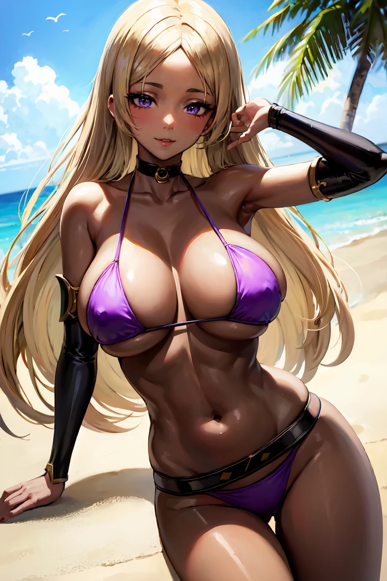 standing split, standing on one leg, masterpiece, best quality, absurdres, 1girl, solo, (raikou), (parted bangs), (purple eyes:1.1), (Very long hair), ((hime cut)), (forehead), eyepatch bikini, purple bikini, arm guards, armor, belt, bikini, choker, collarbone, navel, stomach, swimsuit, thighs, armlet, bare shoulders, ribbon, beach, cowboy shot, smile, huge breasts, (dark skin:1.4), (dark-skinned female:1.4), tan, (blonde hair:1.4), lipstick, makeup, pose, plam tree