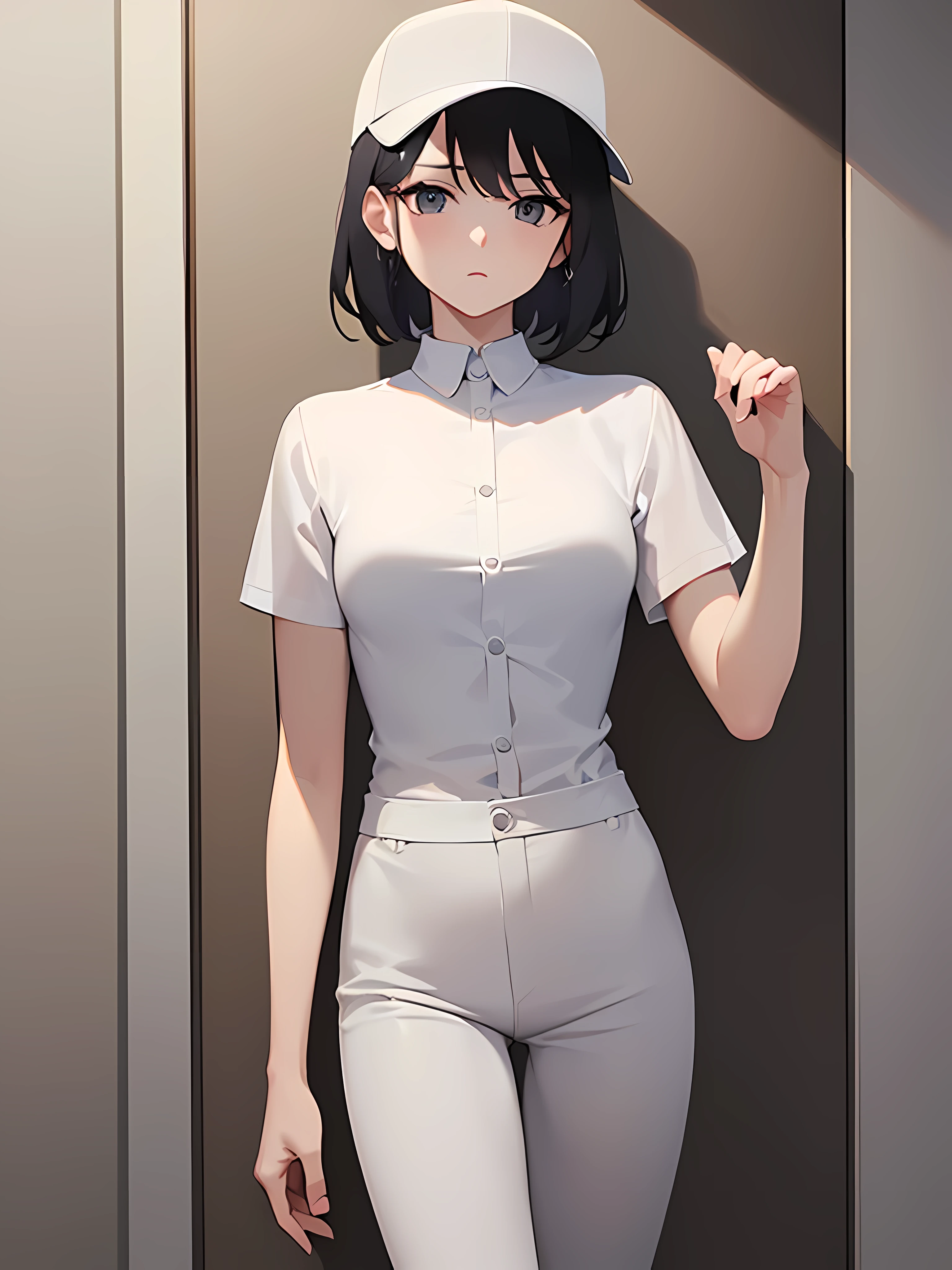 ((best quality)), (masterpiece), woman, matured woman, solo, small breast, white clothing, employe, (white panel cap:1.2), tight white shirt with single white button, tucked in, short sleeves, (long pants:1.2), facing front, torso front, looking at the camera, minimalistic, anime art, fan art, high resolution, 4k, less detailed