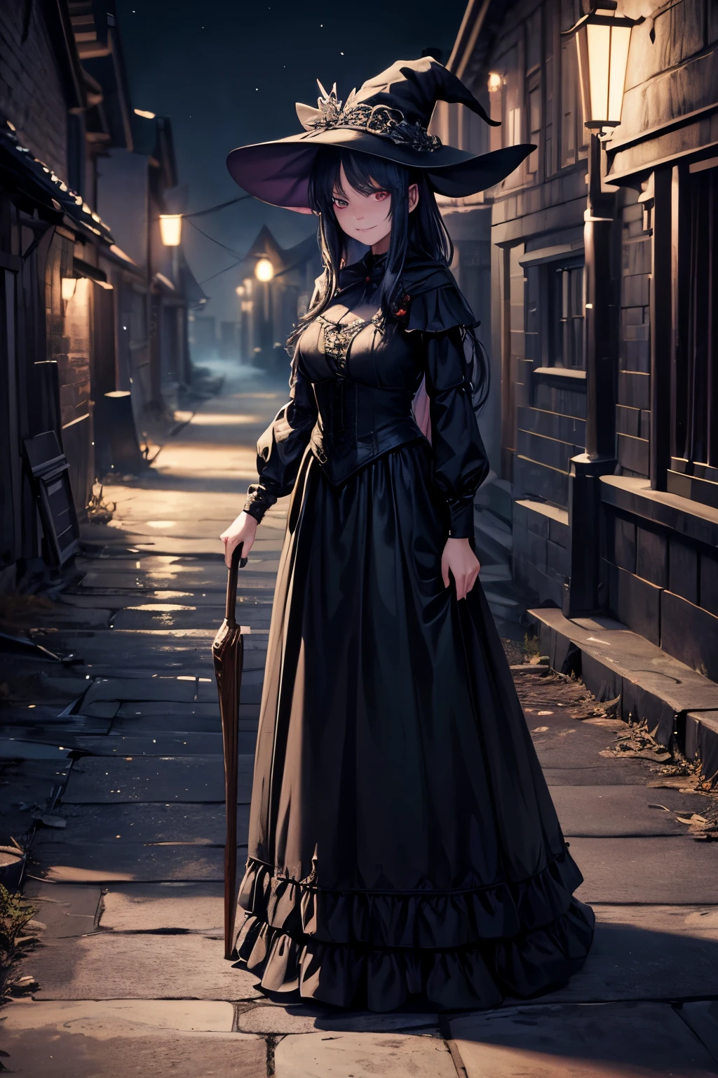 ((best quality, more details, masterpiece)), Creepy witch with a cold smile, solo, full body, The background is a quiet village at night, disturbance, darkness, blurred background, luxurious, 8k, ray tracing, depth of field, cinematic lighting