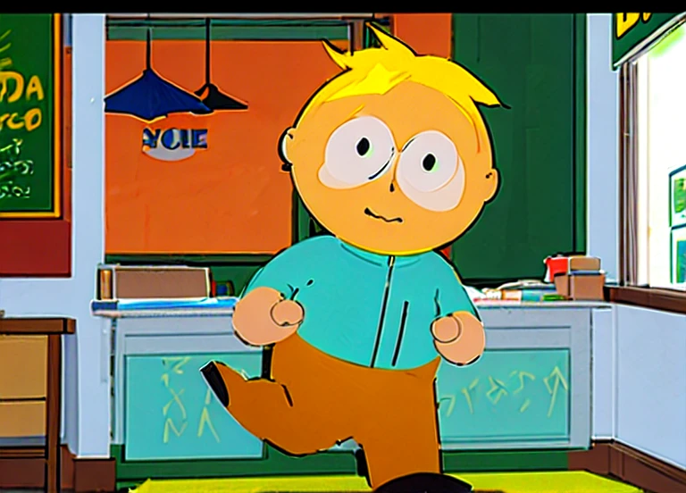 Butters Stotch drawn in realistic hand drawn style、I work at a concept café Lots of Doritos next to it, Today I generated a bright illustration of dancing in a bear costume。