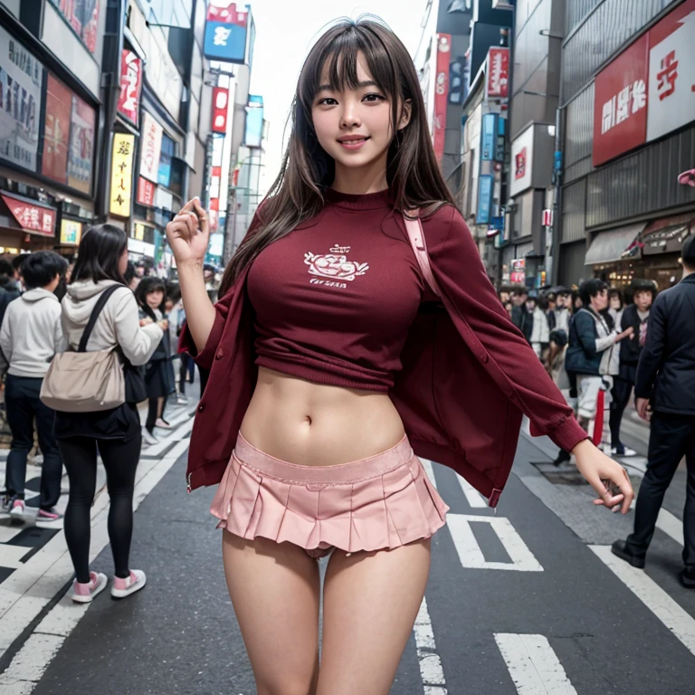 the Extremely Detailed CG Unity 8K Wallpapers、top-quality、ultra-detailliert、​masterpiece、realisitic、写真realisitic、extremely detailed cute girl、20yr old、((skirt lift by yourself)))、(Lifted by yourself)、panties on、panties onフォーカス、red blush、cparted lips、looking at the viewers、Semi-body shot、(Large crowds)、(in a tokyo street)、(((Excitedly showing off your  )))