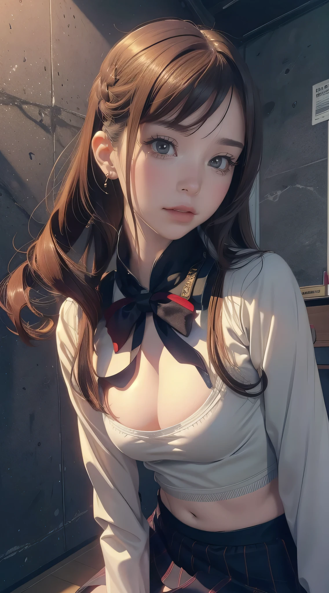 randome pose,From below,(Cinematic scene,Fantasy Art,Highest image quality,hyperrealistic portrait,(8K),Ultra-realistic,Best Quality,High quality,High Definition,high quality texture,high detailing,Beautiful detailed,fine detailed,extremely details CG,Detailed texture,realistic representation of face,masutepiece,presence,Dynamic,Bold),Ultra detailed skin,(Curve,Petite),Beautiful breasts,(Large breasts:1.2),pale skin,pointed breast,Erect nipples,(super thin hair),(ultra soft hair),(ultra straight hair),Swept long bangs,very light coppery amber hair,Hair over one eye,School uniform