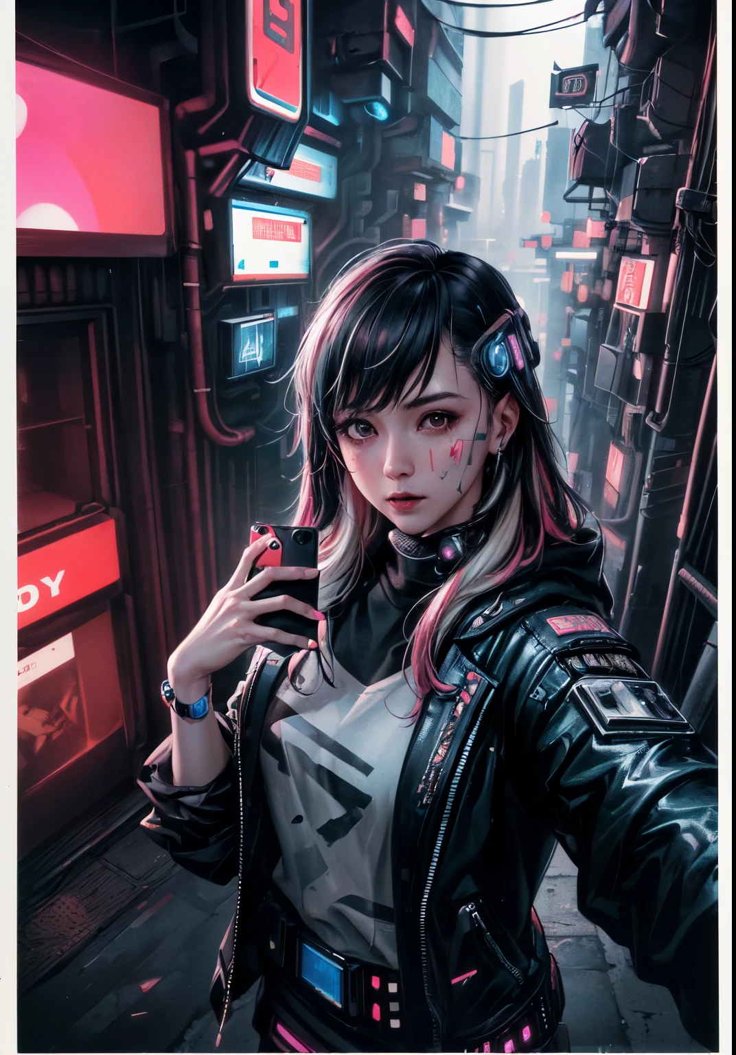 analog style, model shoot style, (Selfie:1.8), 1girl in, (Cyberpunk:1.8, Cyberpunk city background:1.8), ((The cutest face: 1.8, Perfect face:1.3)), (long multicolored hair:1.4, pale skin:1.5), (From above:1.4), Best Quality, epicd (by lee jeffries photo, sony a7, 50 millimeters, pores:1.5, Colors, hyperdetails:1.5, Film grain:1.4, hyper realisitic: 1.5), Octane Render, ultra realistic lifelike textures, masutepiece, unreal enginee 5, the Extremely Detailed CG Unity 8K Wallpapers, Madly detailed photo, Ultra-realistic light, (Pulitzer Prize in Photography、Taylor Wessing Award for Photography)