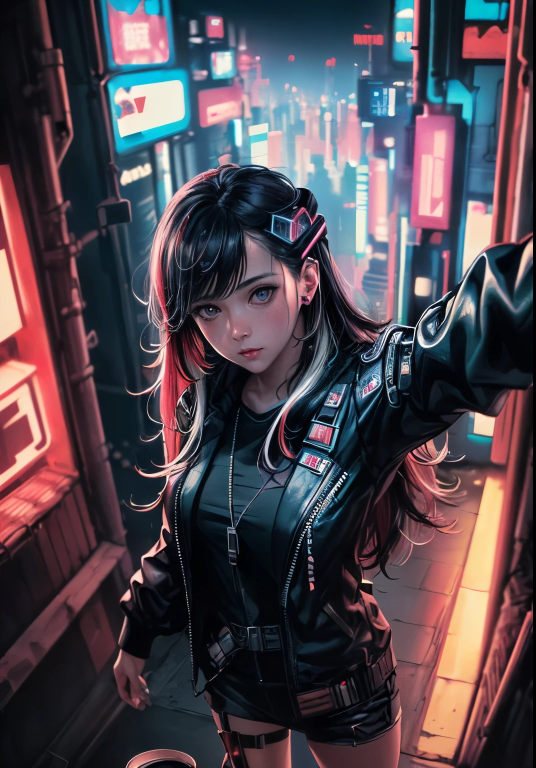 analog style, model shoot style, (Selfie:1.8), 1girl in, (Cyberpunk:1.8, Cyberpunk city background:1.8), ((The cutest face: 1.8, Perfect face:1.3)), (long multicolored hair:1.4, pale skin:1.5), (From above:1.4), Best Quality, epicd (by lee jeffries photo, sony a7, 50 millimeters, pores:1.5, Colors, hyperdetails:1.5, Film grain:1.4, hyper realisitic: 1.5), Octane Render, ultra realistic lifelike textures, masutepiece, unreal enginee 5, the Extremely Detailed CG Unity 8K Wallpapers, Madly detailed photo, Ultra-realistic light, (Pulitzer Prize in Photography、Taylor Wessing Award for Photography)