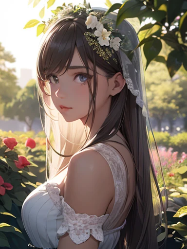 Beautiful girl with delicate features, Realistic eyes, and a lip, in the garden landscape. She is surrounded by bright flowers and lush greenery. The girl is wearing a flowing dress that matches the colors of the garden. The sun's rays gently illuminate her face, creating a soft and dreamy ambiance. 3D hologram technology brings her to life, she looks three-dimensional and real. Images are of the highest quality, Ultra-detailed textures and sharp focus. The colors are vivid, to enhance overall visual appeal、Adds a touch of warmth and saturation。. Lighting is carefully designed to create a natural, soft light。, Emphasize the characteristics of the girl and the surrounding environment.