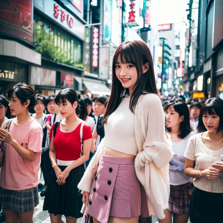 the Extremely Detailed CG Unity 8K Wallpapers、top-quality、ultra-detailliert、​masterpiece、realisitic、写真realisitic、extremely detailed cute girl、20yr old、((skirt lift by yourself)))、(Lifted by yourself)、panties on、panties onフォーカス、red blush、cparted lips、looking at the viewers、Semi-body shot、(Large crowds)、(in a tokyo street)、(((Excitedly showing off your  )))
