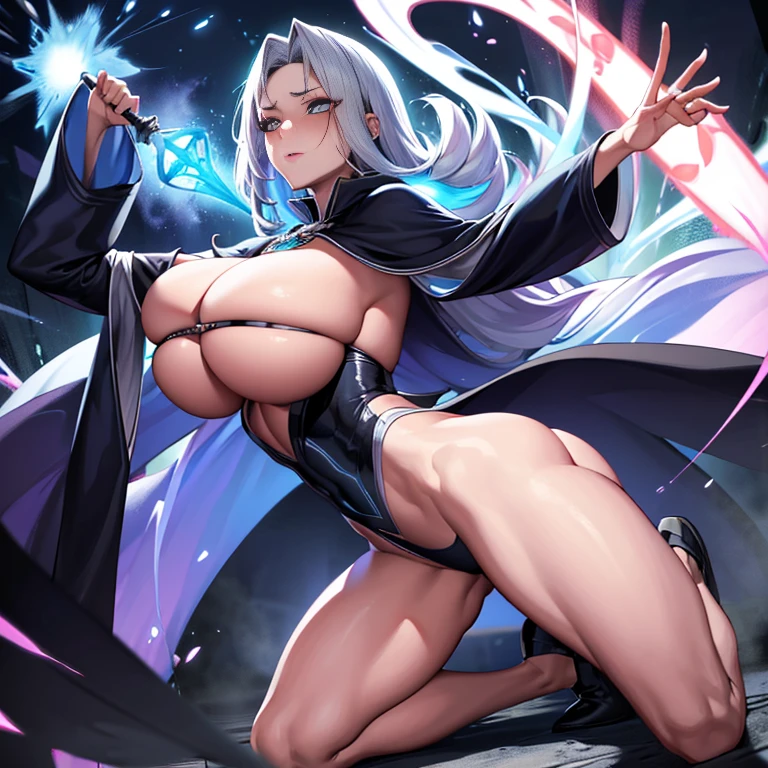 great quality, (1 woman), very focused face, diamond face, perfect eyes, (wearing mage robe), mage robe, magic,  strong shadows, full body, detailed face, (casting spell), blue flashes of light, blue sparks, in battle, detailed abs, shinying eyes, (masterpiece), direct light, underlight, strong jaw, (large boobs), massive ass, thick thighs, (long torso), wide waist, skinny torso, fit, perfect face, sexy, (blushing),