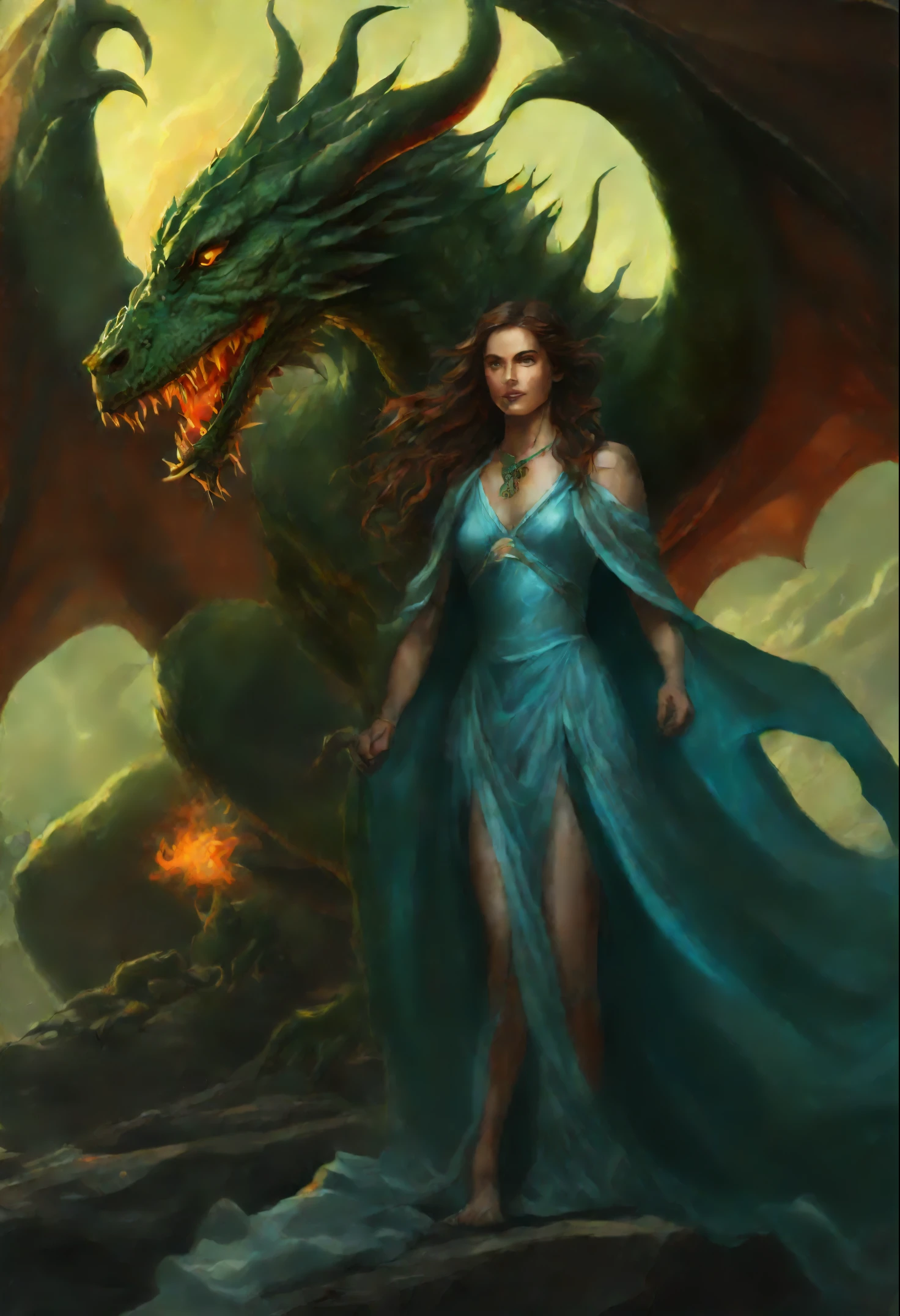 close-up of a woman with brown curls and green eyes wearing a blue nightgown, standing face to face with a huge majestic green dragon and a scorching fire demon , epic fantasy art style, dark fantasy style art, portrait of fin wildcloak, detailed fanart, fantasy portrait, artistic portrait in epic fantasy style, graphic artist magali villeneuve, male portrait in fantasy style, The Man with the Soul of a Dragon, epic fantasy style art, epic fantasy digital art style