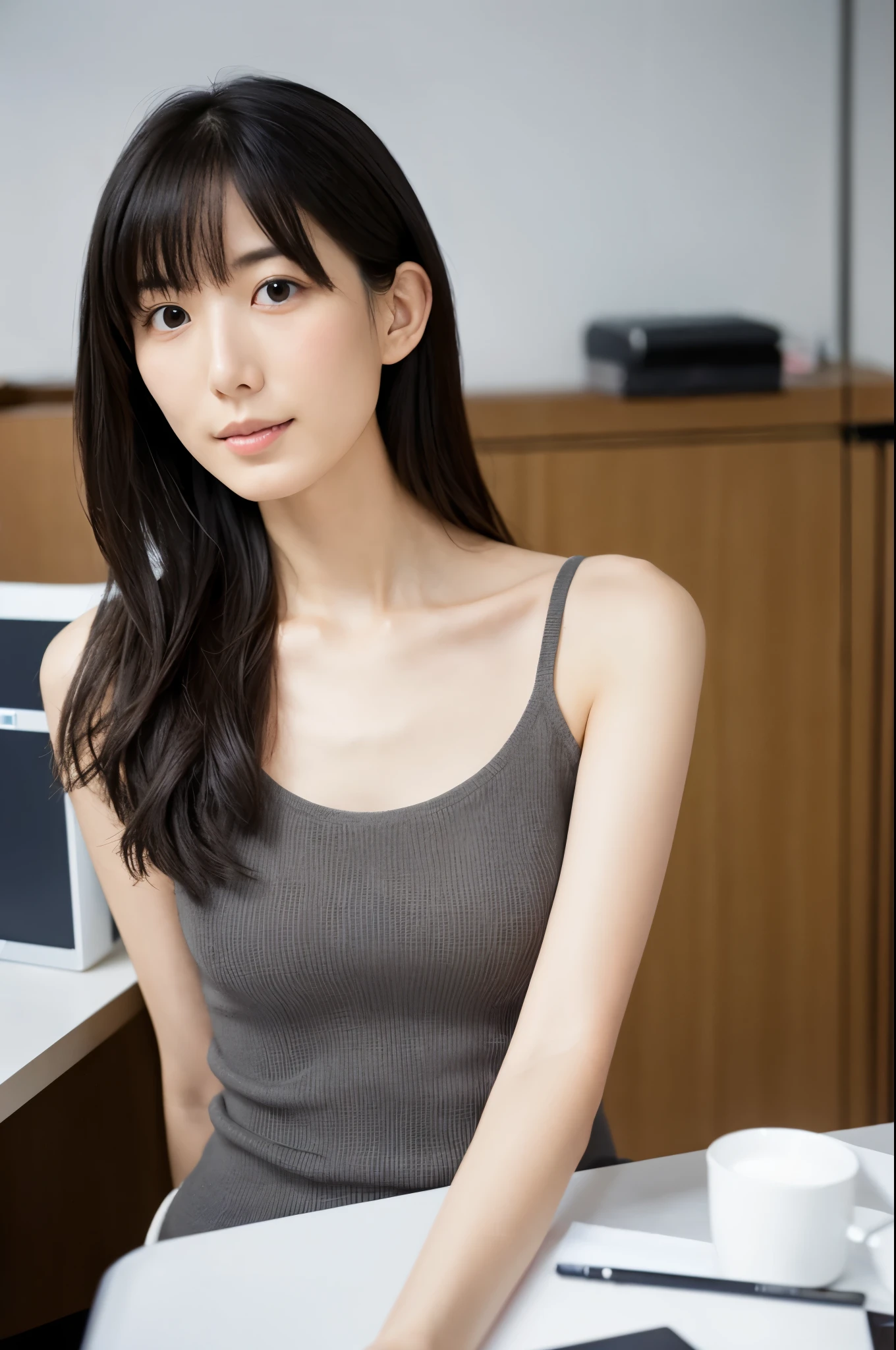 A Japanese woman, 24 years old, slender figure, small breasts, very thin waist, Beautiful face, beautidful eyes, black long hair, wearing a tight and short gray knit dress with a V-neck design, sitting on a desk in an office, gently looking at you, 1girl in, Solo, Detailed face and eyes, detailed fingers and arms. Full body photo. Realistic, Photorealistic.