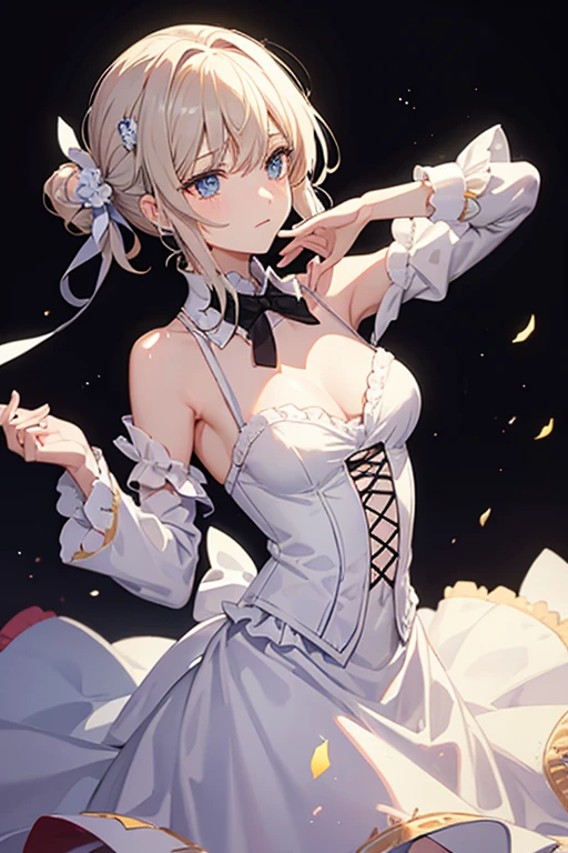 Anime style, super fine illustration, super clear illustration, highly detailed, beautiful detailed, super pale tone image, super delicate illustration, super calm & static image, static representation, gentle expression, 8k, angle from behind, pretty 1girl with blonde straight short hair & blue eyes & a bright smile & Big breasts & wide hips & pink nipples & soft fair skin is wearing the Traditional maid dress not to show her skin in the romantic room, maid cosplay, in the midnight, night view throught the window, solo, perfect fingers, perfect arms, perfect legs, masterpiece.